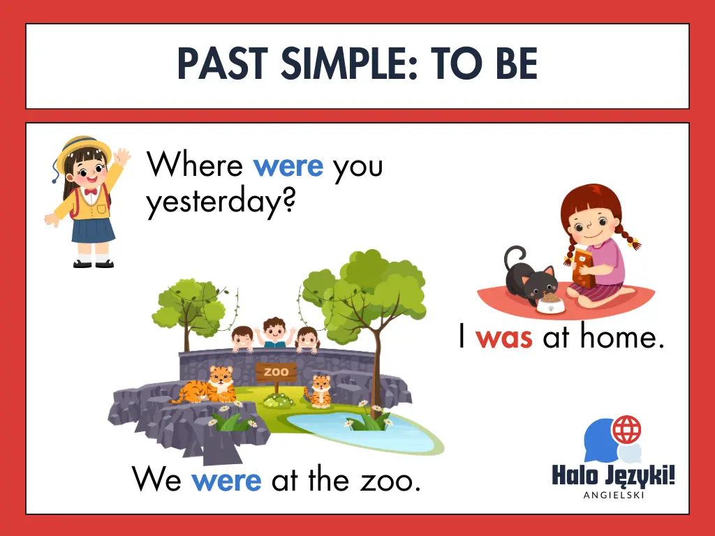 Past Simple: to be – przykłady użycia was i were w zdaniach. Gdzie byłeś wczoraj? Byłem w domu. Byliśmy w zoo. Ilustracja edukacyjna dla dzieci uczących się angielskiego.